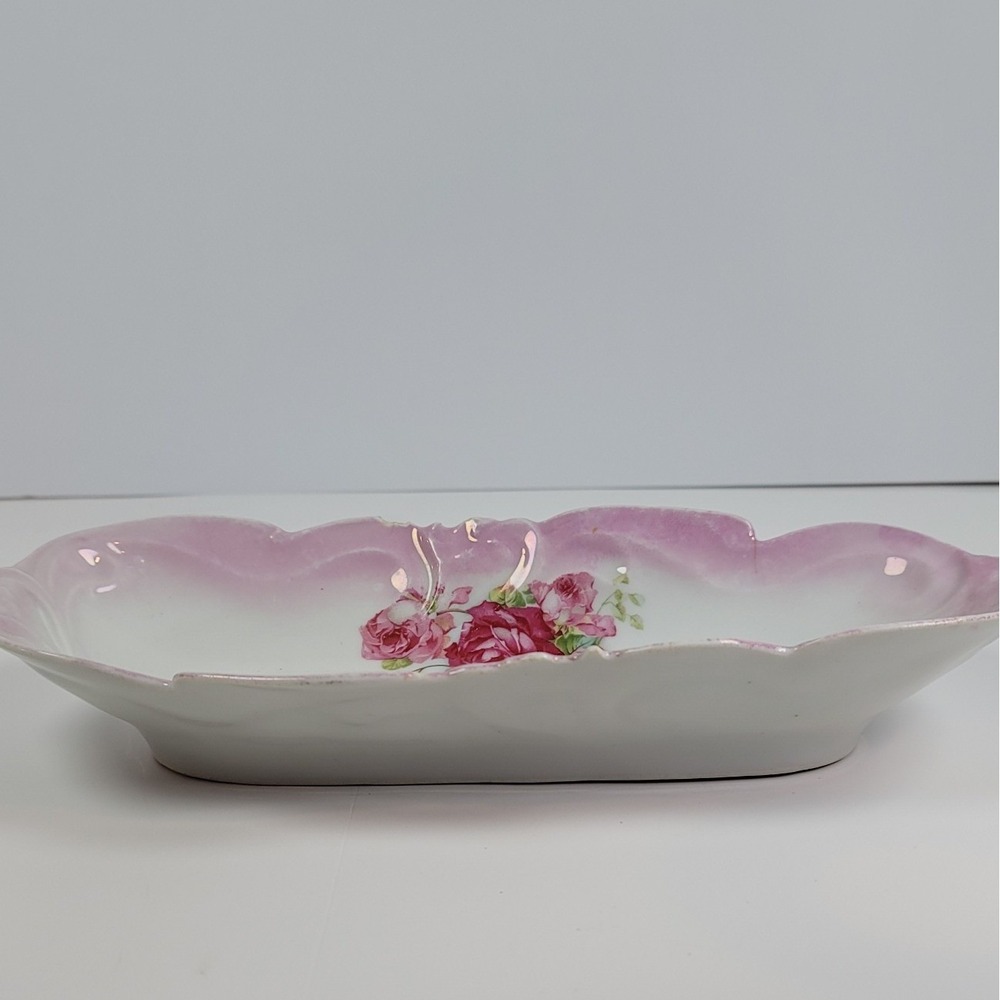Vintage Porcelain Celery Dish Pink Rose Floral Scalloped Edge Serving Tray 12in